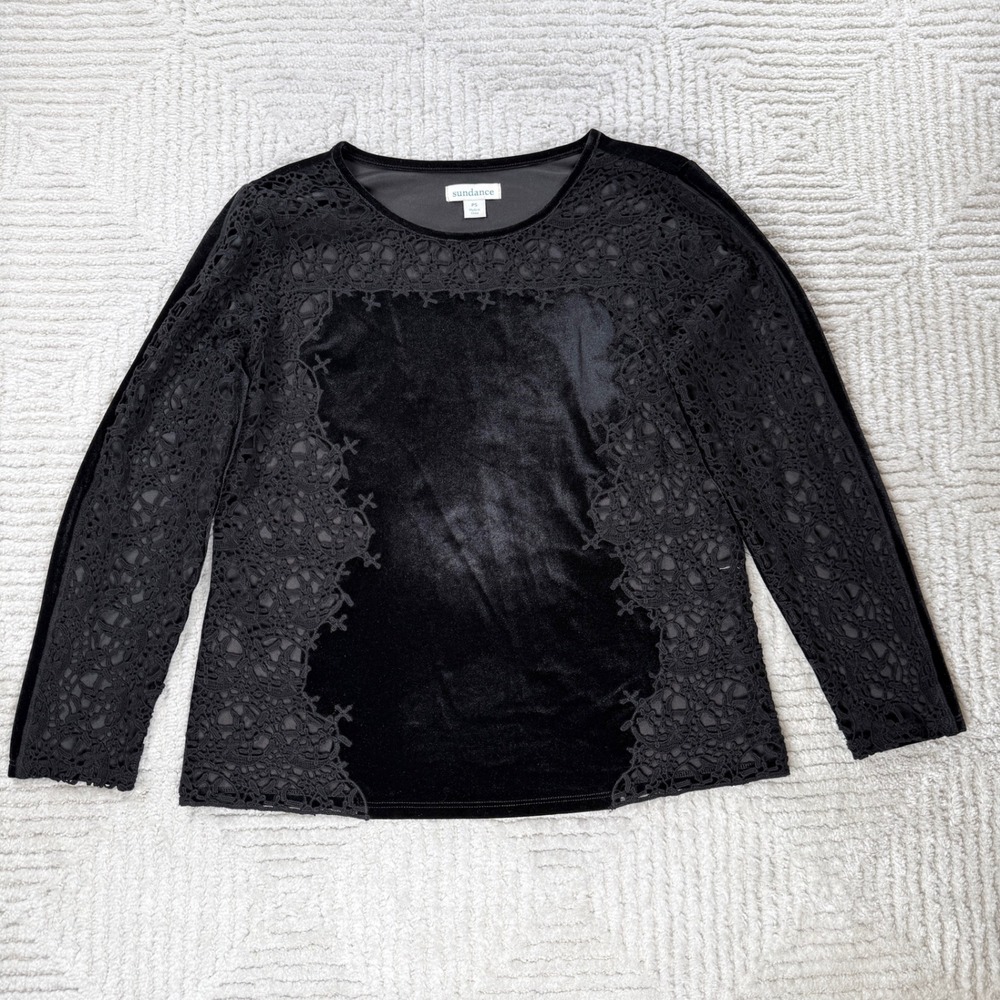 Sundance Velvet Lace Top Womens PS Black Crochet Gothic Victorian Whimsigoth